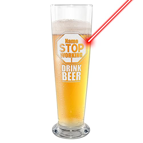 Bier-Glas selbst gestalten - mit Name gravieren - Stop Working - Geschenk für Freunde, Biertrinker, Geburtstag, Vatertag, Weihnachten, 300 ml I Gravur von PR Print Royal