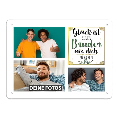 Blech-Schild selbst gestalten - Glück ist einen Bruder wie dich zu haben - Metall-Poster mit 3 Fotos - Schild A5 I Personalisiertes Geschenk für den Bruder, Geburtstag, Weihnachten von PR Print Royal