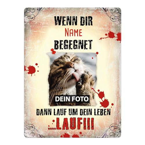 Blechschild selbst gestalten mit Katzenfoto, Name & Spruch - Lauf um Dein Leben - Geschenkidee für Katzenbesitzer/Türschild/Katzenschild - Hochformat Schild A3 von PR Print Royal