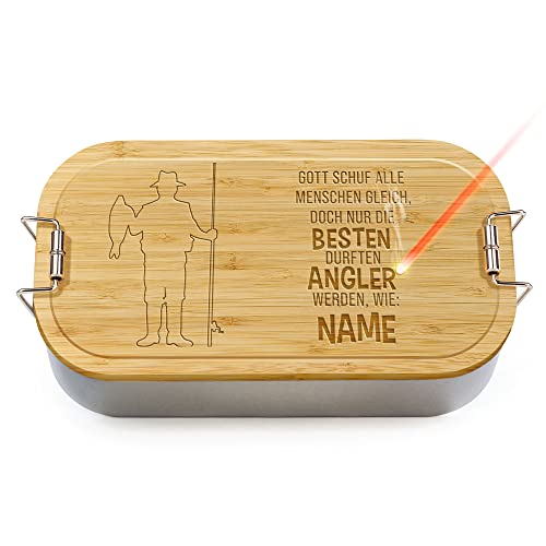 Brotdose mit Gravur selbst gestalten - Gott schuf alle Menschen - mit Name personalisieren - Geschenke für Angler, Fischer und Fans vom Angelsport - Lunchbox, Holzdeckel, BPA-frei, 600 ml von PR Print Royal