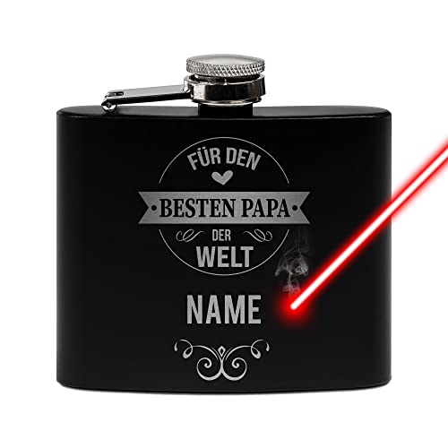 Flachmann mit Gravur aus Edelstahl selbst gestalten - mit Name gravieren - Geschenkidee für den besten Papa - Praktische Taschengröße | Schwarz, 140 ml, Lasergravur von PR Print Royal