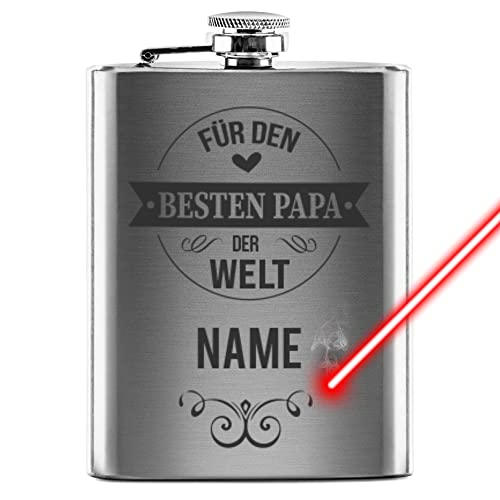 Flachmann mit Gravur aus Edelstahl selbst gestalten - mit Name gravieren - Geschenkidee für den besten Papa - Praktische Taschengröße | Silber, 225 ml, Lasergravur von PR Print Royal