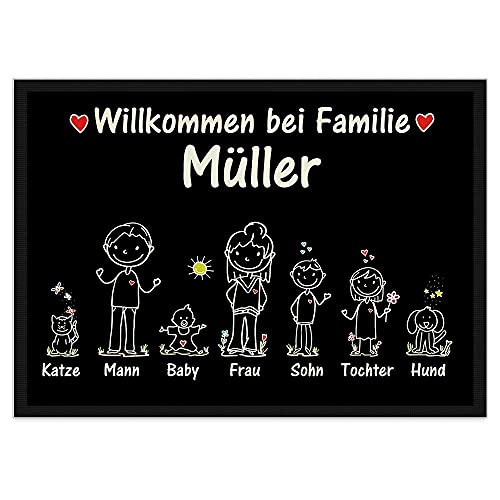 Fußmatte selbst gestalten - Familien Namen 1,2 oder 3 Kinder, Hund, Katze- Willkommen - individuell bedruckt - Strichmännchen, Geschenk Einzug, Richtfest, Geburtstag I Personalisiert, 120 x 80 cm von PR Print Royal