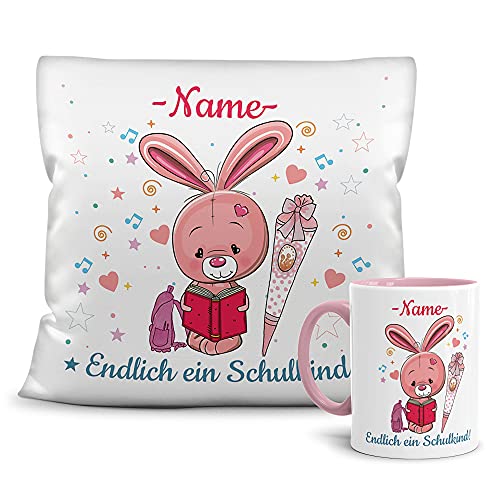 Geschenk-Set aus Tasse und Kissen mit süßem Tiermotiv Hase - Endlich ein Schulkind - Zur Einschulung für Mädchen - mit Wunschname personalisieren - Kissen weiß - Tasse Innen & Henkel Rosa von PR Print Royal