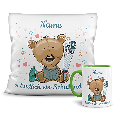 Geschenk-Set aus Tasse und Kissen mit süßem Tiermotiv Teddy - Endlich ein Schulkind - Zur Einschulung für Jungs - mit Wunschname personalisieren - Kissen weiß - Tasse Innen & Henkel Hellgrün Geschenk-Set aus Tasse und Kissen mit süßem Tiermotiv Teddy - Endlich ein Schulkind - Zur Einschulung für Jungs - mit Wunschname personalisieren - Kissen weiß - Tasse Innen & Henkel Hellgrün von PR Print Royal