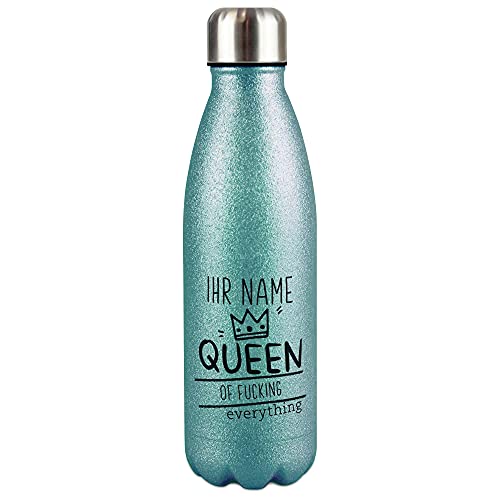 Glitzer-Trinkflasche Edelstahl selbst gestalten mit Name - Queen of fucking everything - Thermosflasche, Wasserflasche BPA-frei, Geschenk Freundin, Reise, Sport I Personalisiertes Geschenk, Türkis von PR Print Royal