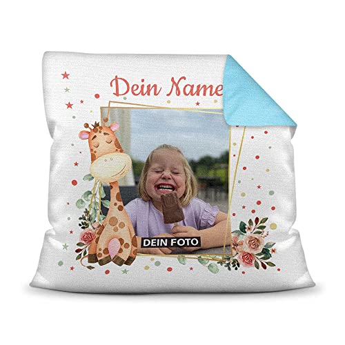 Kinder-Kissen mit Füllung - Giraffen-Motiv - mit Foto & Text selbst gestalten - Geschenk für Mädchen & Jungen, Taufe, Geburtstag, Weihnachten I Personalisiert, Farbkissen Rückseite Hellblau, 40x40 cm von PR Print Royal