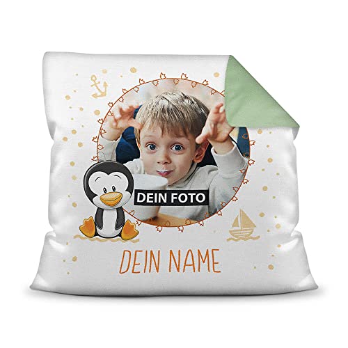 Kinder-Kissen mit Füllung - Pinguin-Motiv - mit Foto & Text selbst gestalten - Geschenk für Mädchen & Jungen, Taufe, Geburtstag, Weihnachten I Personalisiert, Farbkissen Rückseite Grün, 40x40 cm von PR Print Royal