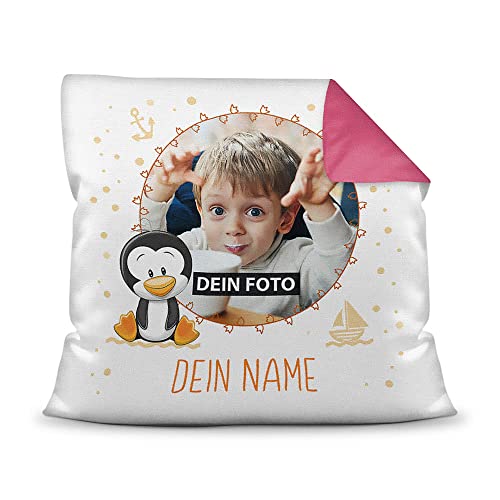 Kinder-Kissen mit Füllung - Pinguin-Motiv - mit Foto & Text selbst gestalten - Geschenk für Mädchen & Jungen, Taufe, Geburtstag, Weihnachten I Personalisiert, Farbkissen Rückseite Pink, 40x40 cm von PR Print Royal