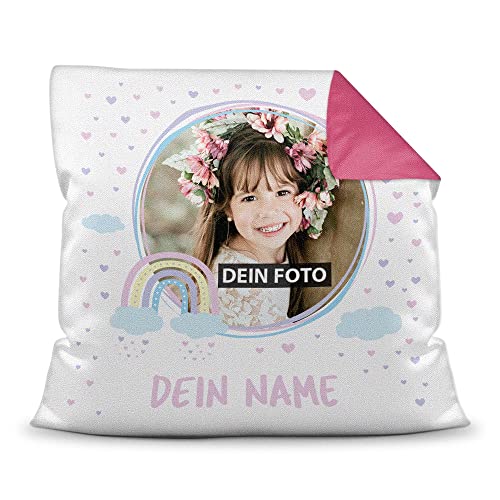 Kinder-Kissen mit Füllung - Regenbogen-Motiv - mit Foto & Text selbst gestalten - Geschenk für Mädchen & Jungen, Taufe, Geburtstag, Weihnachten I Personalisiert, Farbkissen Rückseite Pink, 40x40 cm von PR Print Royal