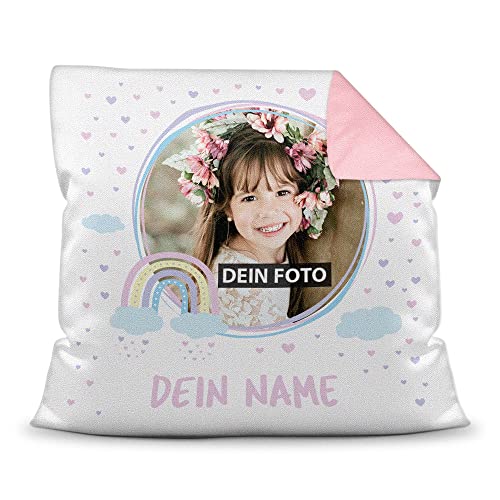 Kinder-Kissen mit Füllung - Regenbogen-Motiv - mit Foto & Text selbst gestalten - Geschenk für Mädchen & Jungen, Taufe, Geburtstag, Weihnachten I Personalisiert, Farbkissen Rückseite Rosa, 40x40 cm Kinder-Kissen mit Füllung - Regenbogen-Motiv - mit Foto & Text selbst gestalten - Geschenk für Mädchen & Jungen, Taufe, Geburtstag, Weihnachten I Personalisiert, Farbkissen Rückseite Rosa, 40x40 cm von PR Print Royal