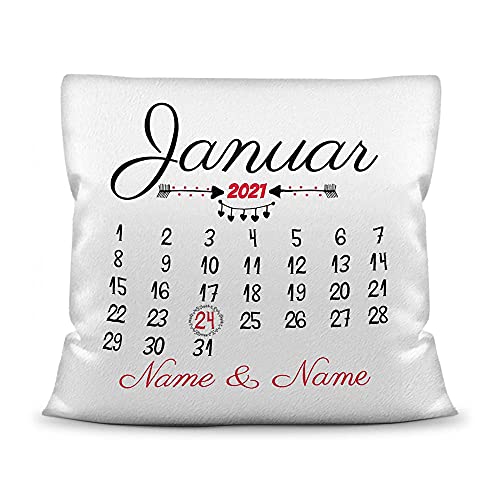 Kissen Kalender selbst gestalten - mit anpassbarem Jahrestag - mit Namen & Datum bedrucken - Geschenk Valentinstag, Liebe, Jahrestag, Fotokissen Polyester inkl. Füllung - Weiß flauschig, 40x40 cm von PR Print Royal