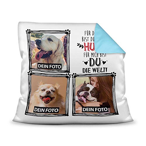PR Print Royal Kissen inkl. Füllung mit Spruch - Hunde sind für Mich die Welt - zum selbst Gestalten mit DREI Wunschfotos für den Hundefreund, Farbkissen Rückseite Hellblau, 40 x 40 cm PR Print Royal Kissen inkl. Füllung mit Spruch - Hunde sind für Mich die Welt - zum selbst Gestalten mit DREI Wunschfotos für den Hundefreund, Farbkissen Rückseite Hellblau, 40 x 40 cm von PR Print Royal