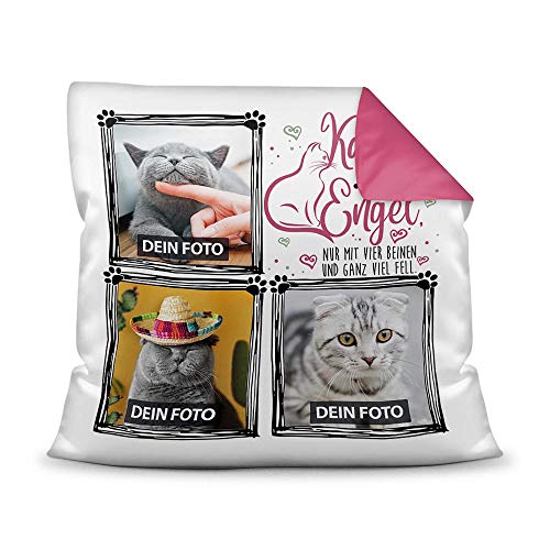 PR Print Royal Kissen inkl. Füllung mit Spruch - Katzen sind wie Engel - zum selbst Gestalten mit DREI Wunschfotos für den Katzenfreund, Farbkissen Rückseite Pink, 40 x 40 cm von PR Print Royal