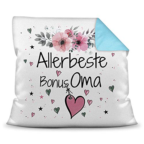 Kissen inkl. Kissenfüllung mit Spruch - Allerbeste Bonus Oma - Beste Geschenkidee für Familie und Freunde - Farbkissen Rückseite Hellblau von PR Print Royal