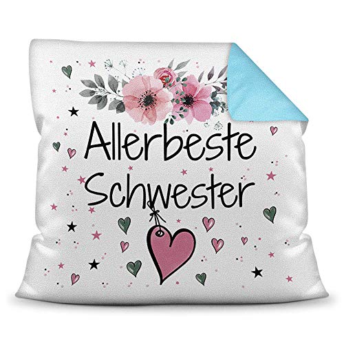 Kissen inkl. Kissenfüllung mit Spruch - Allerbeste Schwester - Beste Geschenkidee für Familie und Freunde - Farbkissen Rückseite Hellblau von PR Print Royal