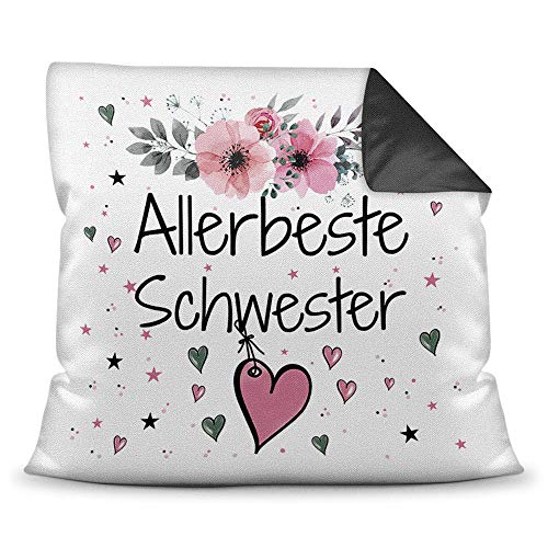 Kissen inkl. Kissenfüllung mit Spruch - Allerbeste Schwester - Beste Geschenkidee für Familie und Freunde - Farbkissen Rückseite Schwarz von PR Print Royal