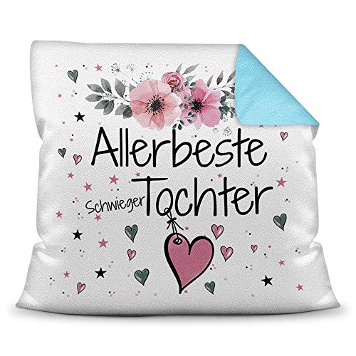 Kissen inkl. Kissenfüllung mit Spruch - Allerbeste Schwiegertochter - Beste Geschenkidee für Familie und Freunde - Farbkissen Rückseite Hellblau von PR Print Royal