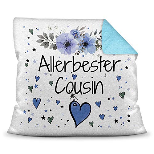 Kissen inkl. Kissenfüllung mit Spruch - Allerbester Cousin - Beste Geschenkidee für Familie und Freunde - Farbkissen Rückseite Hellblau von PR Print Royal