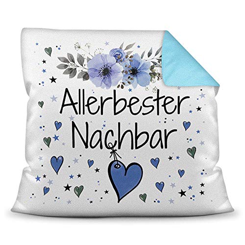 Kissen inkl. Kissenfüllung mit Spruch - Allerbester Nachbar - Beste Geschenkidee für Familie und Freunde - Farbkissen Rückseite Hellblau von PR Print Royal