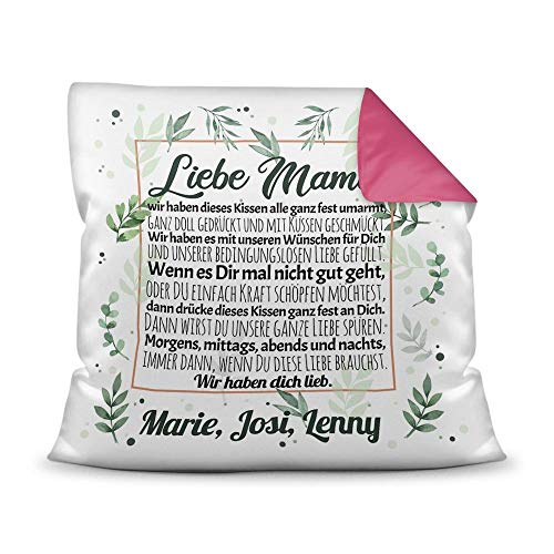 PR Print Royal Kissen inkl. Kissenfüllung mit schönem Spruch für Mama - Wir haben Dich lieb - zum Beschriften mit Wunschnamen - Farbkissen Rückseite Pink, 40 x 40 cm von PR Print Royal