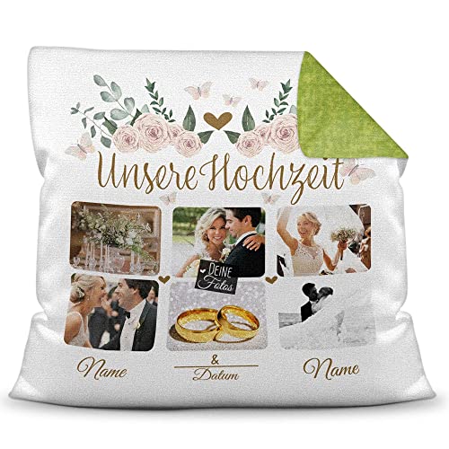 Kissen mit Fotocollage selbst gestalten - Geschenk zum Hochzeitstag - inkl. Kissenfüllung - mit Namen und Datum - mit Reißverschluss, Farbkissen Rückseite Hellgrün gemustert, 40 x 40 cm von PR Print Royal