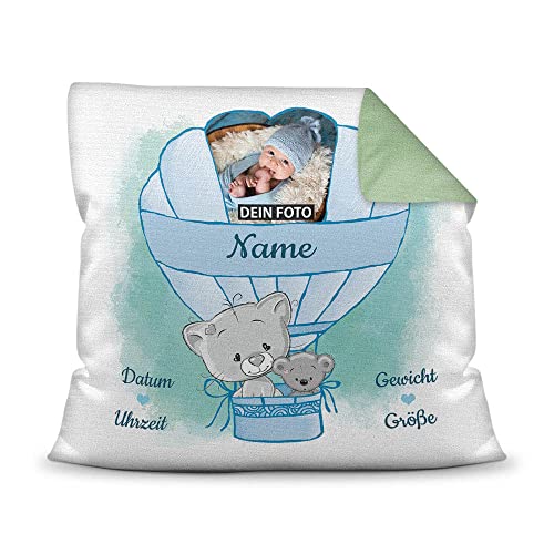 Kissen mit Füllung - mit Geburtsdaten personalisieren - Babygeschenk für Jungen, Geschenk zur Geburt oder Taufe, Geburtskissen, Namenskissen fürs Baby I Farbkissen Rückseite Grün, 40x40 cm von PR Print Royal