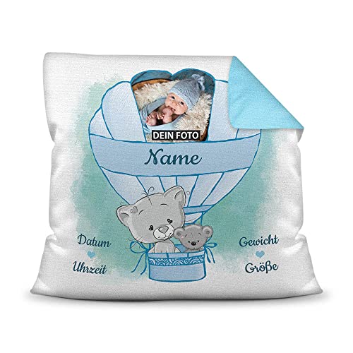 Kissen mit Füllung - mit Geburtsdaten personalisieren - Babygeschenk für Jungen, Geschenk zur Geburt oder Taufe, Geburtskissen, Namenskissen fürs Baby I Farbkissen Rückseite Hellblau, 40x40 cm von PR Print Royal