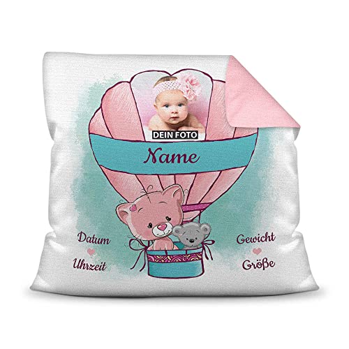 Kissen mit Füllung - mit Geburtsdaten personalisieren - Babygeschenk für Mädchen, Geschenk zur Geburt oder Taufe, Geburtskissen, Namenskissen fürs Baby I Farbkissen Rückseite Rosa, 40x40 cm von PR Print Royal