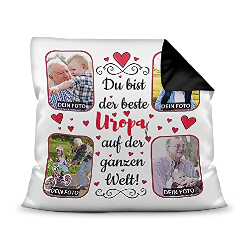 Kissen mit Füllung zum selbst Gestalten mit 4 Fotos - Für den besten Uropa - Hochwertige Kissenhülle mit Reißverschluss, Rückseite Schwarz, 40 x 40 cm Kissen mit Füllung zum selbst Gestalten mit 4 Fotos - Für den besten Uropa - Hochwertige Kissenhülle mit Reißverschluss, Rückseite Schwarz, 40 x 40 cm von PR Print Royal