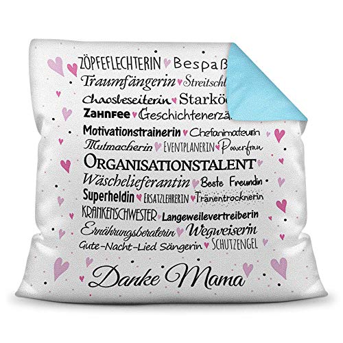 Kissen mit Spruch für Mama - Danke Mama - inkl. Kissenfüllung - Deko-Kissen/Geschenk-Idee Geburtstag Muttertag/Bestes Farbkissen Rückseite Hellblau von PR Print Royal