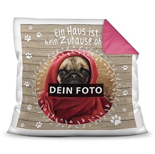 PR Print Royal Kissen mit eigenem Hunde-Bild und Namen von dem Hund - Kein Zuhause/Foto-Collage als Geschenkidee/Zier-Kissen/Deko-Kissen/Rückseite Himbeere inkl. Füllung von PR Print Royal