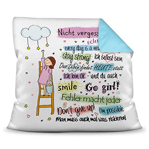 Kuschel-Kissen mit Spruch inkl. Füllung für Mädchen - Go Girl Kinder/Mädchen Geschenk/Geschenk-Idee Kindertag Geburtstag - Farbkissen Rückseite Hellblau von PR Print Royal