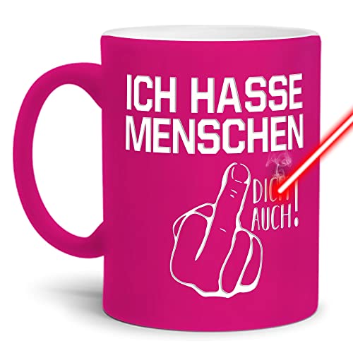 PR Print Royal Neon-Tasse mit Gravur & Spruch - Ich Hasse Menschen, Dich auch! - Lustiges Geschenk, Geburtstag, Freunde, Kollegen, Weihnachten - Keramik-Tasse gravieren, Neon-Pink, 300 ml von PR Print Royal