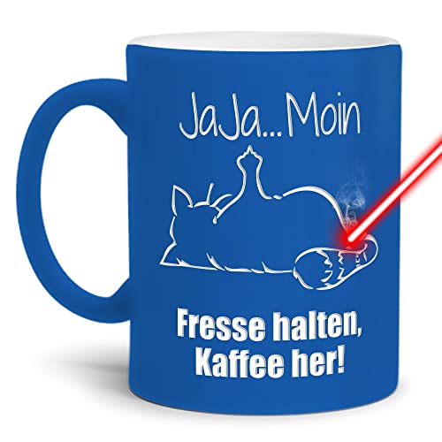 PR Print Royal Neon-Tasse mit Gravur & Spruch - Jaja Moin, Fresse halten, Kaffee her! - Lustiges Geschenk, Geburtstag, Freunde, Kollegen, Weihnachten - Keramik-Tasse gravieren, Neon-Blau, 300 ml von PR Print Royal