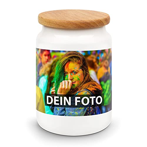 PR Print Royal Aufbewahrungsdose selbst gestalten mit Text/Foto - Vorratsdose personalisieren - Keramik mit Holzdeckel & Silikonring, Lebensmittelecht, Aufbewahrung, 650 ml von PR Print Royal