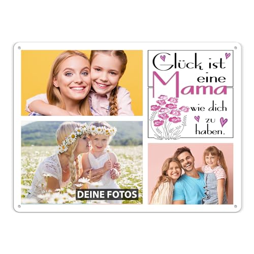 Blech-Schild selbst gestalten - Glück ist eine Mama wie dich zu haben - Metall-Poster mit 3 Fotos - Schild A3 I Personalisiertes Geschenk für die Mama, Geburtstag, Weihnachten von PR Print Royal