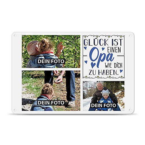 PR Print Royal Blech-Schild selbst gestalten - Glück ist einen Opa wie Dich zu haben - Metall-Poster mit 3 Fotos - Schild A4 I Personalisiertes Geschenk für den Opa, Geburtstag, Weihnachten von PR Print Royal