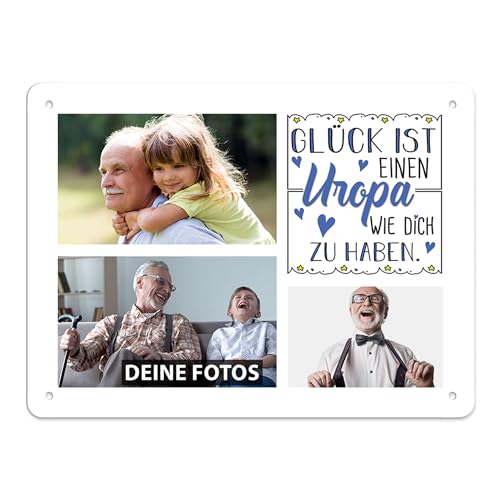 PR Print Royal Blech-Schild selbst gestalten - Glück ist einen Uropa wie Dich zu haben - Metall-Poster mit 3 Fotos - Schild A5 I Personalisiertes Geschenk für den Uropa, Geburtstag, Weihnachten von PR Print Royal