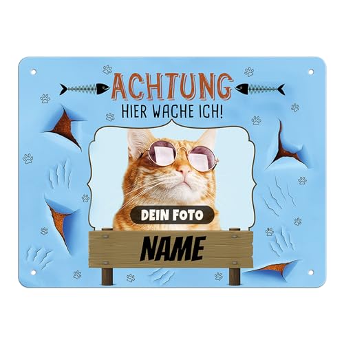 PR Print Royal Blechschild selbst gestalten mit Katzenfoto, Name & Spruch - Achtung! Hier wache ich - Geschenkidee für Katzenbesitzer/Türschild/Katzenschild - Querformat Schild A5 von PR Print Royal
