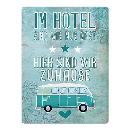 Camping Blech-Schild mit Spruch - Hier sind wir Zuhause - Metall-Poster, Geschenk für Camper, Camping-Zubehör - Schild A5 von PR Print Royal