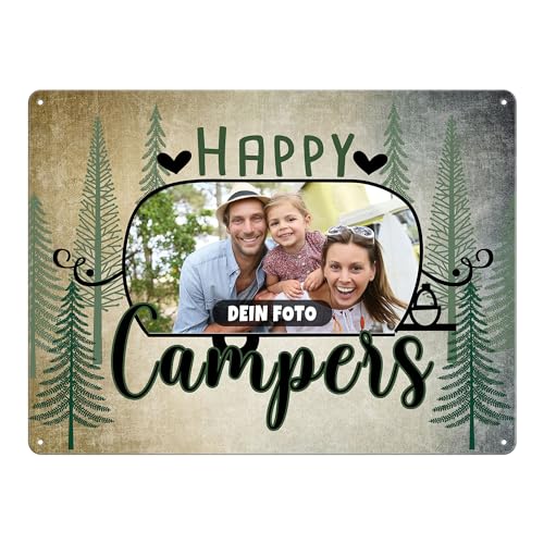 Camping Blech-Schild selbst gestalten - Happy Campers - Metall-Poster mit Foto - Geschenk für Camper, Camping-Zubehör - Schild A5 I Personalisiertes Geschenk von PR Print Royal