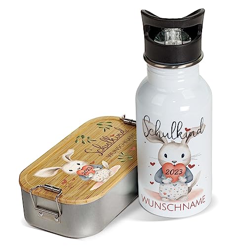 PR Print Royal Einschulung Geschenke-Set - Schulkind mit Name und Jahr personalisiert - Hase, personalisierte Geschenke zur Einschulung Deko | Trinkflasche, weiß 500 ml & Brotdose 600 ml von PR Print Royal