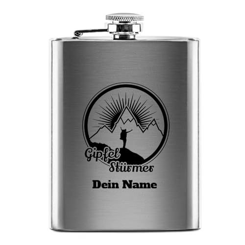 PR Print Royal Flachmann mit Gravur aus Edelstahl selbst gestalten - Gipfel-Stürmer - mit Name gravieren - Geschenk Wandern Skifahren - Praktische Taschengröße | Silber, 226 ml von PR Print Royal