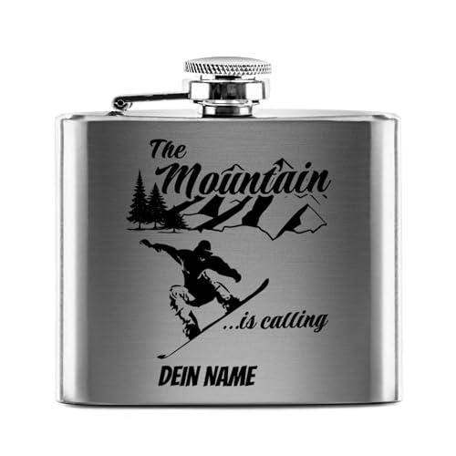 PR Print Royal Flachmann mit Gravur aus Edelstahl selbst gestalten - The Mountain is Calling! - mit Name gravieren - Geschenk Wandern Skifahren - Praktische Taschengröße | Silber, 141 ml von PR Print Royal