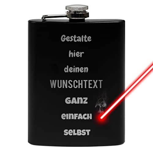 PR Print Royal Flachmann mit Gravur aus Edelstahl selbst gestalten - mit Wunschtext gravieren - Geschenkidee für Freunde - Praktische Taschengröße | Schwarz, 225 ml, Lasergravur von PR Print Royal