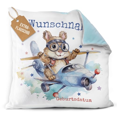 PR Print Royal Flauschiges Kissen für Kinder mit Name und Geburtsdatum selbst gestalten - Flughörnchen im Flugzeug - Flughörnchen Kinderkissen mit Name | 40 x 40 cm, Rückseite Hellblau Flauschig von PR Print Royal