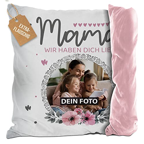 PR Print Royal Flauschiges Kissen mit Foto für Mama selbst gestalten - Wir haben Dich lieb - Geburtstagsgeschenk Mama, Geschenk für Mama, Personalisiertes Geschenk | mit Füllung, Rückseite Rosa von PR Print Royal