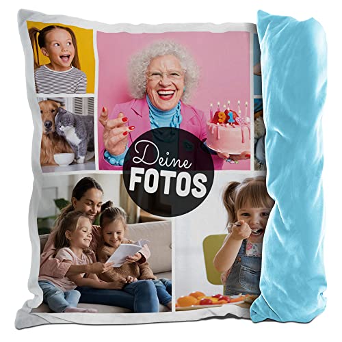 PR Print Royal Flauschiges Kissen mit Fotocollage selbst gestalten - mit 7 Fotos Personalisieren - Geschenk für Freunde und Familie | Rückseite Hellblau flauschig, inkl. Kissenfüllung, 40x40cm von PR Print Royal