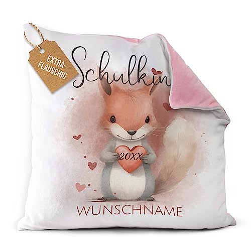 PR Print Royal Flauschiges Kissen zur Einschulung - Schulkind mit Name und Jahr personalisiert - Eichhörnchen Kissen, personalisierte Geschenke zur Einschulung | Rückseite Rosa, 40 x 40 cm von PR Print Royal